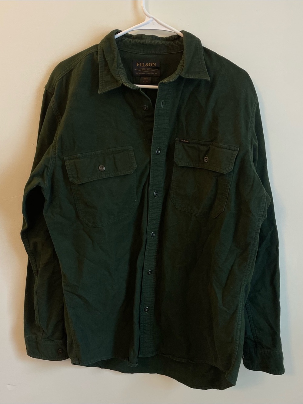 Filson M Long Field Flannel Shirt Dark Spruce Moleskin Cotton Seattle